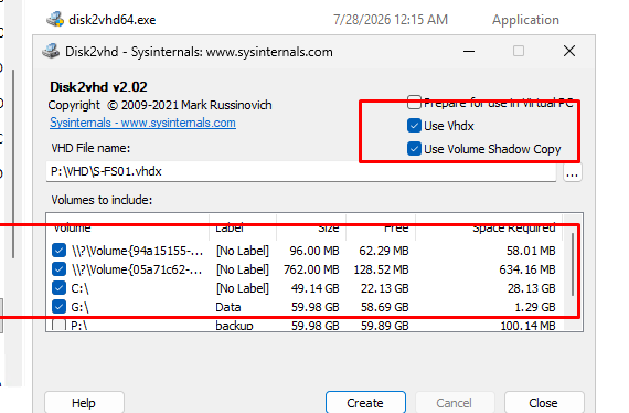 Disk2vhd - захват образа дисков Windows в VHDX файл