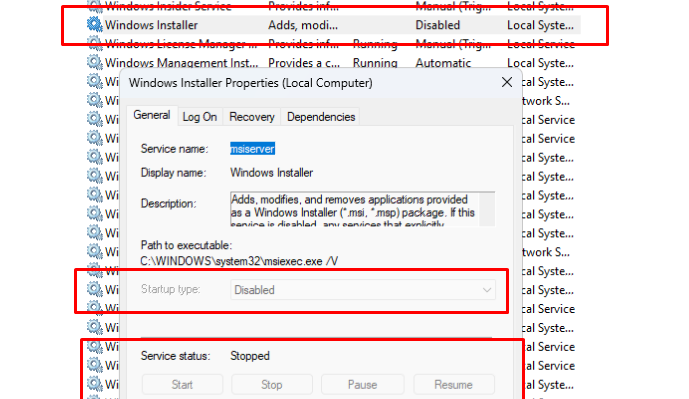 Кнопки запуска и изменения службы Windows Installer недоступны