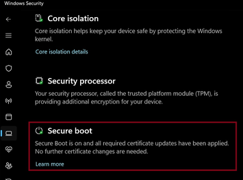 Надпись в центре управления безопасности : Secure Boot is on and all required certificate updates have been applied