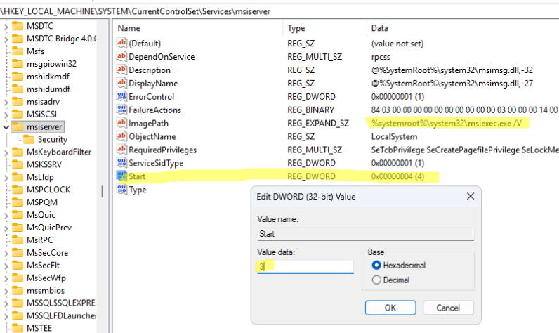 Настройки службы msiserver в реестре