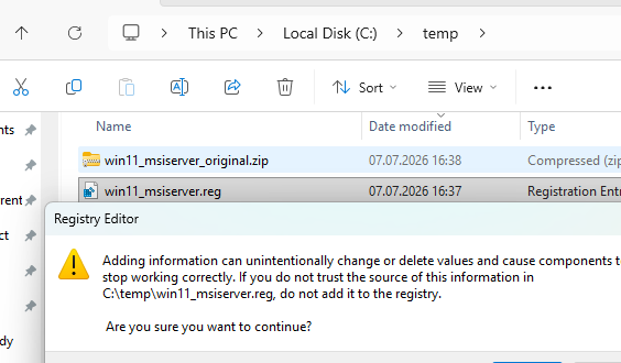 REG файл с оригинальными настройками службы MSIserver для Windows 11