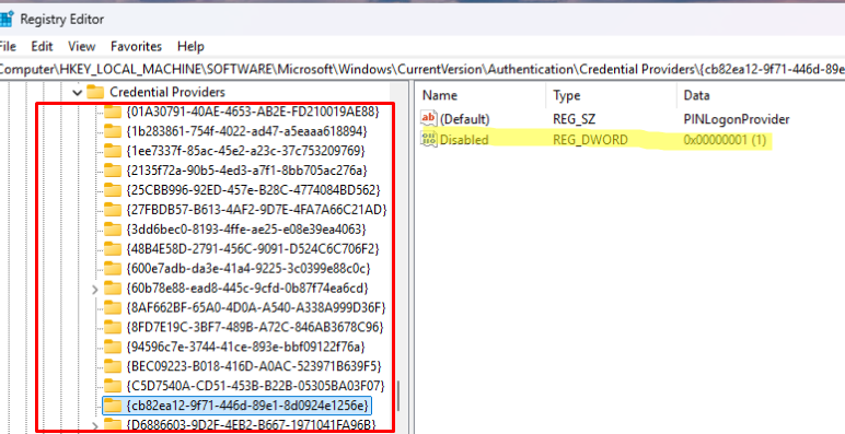 Список доступных поставщиками учетных данных (credential provider) в реестре Windows 11