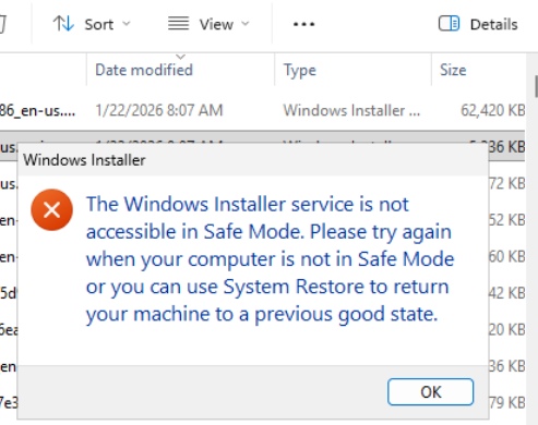 The Windows Installer Service is not accessible in Safe Mode.