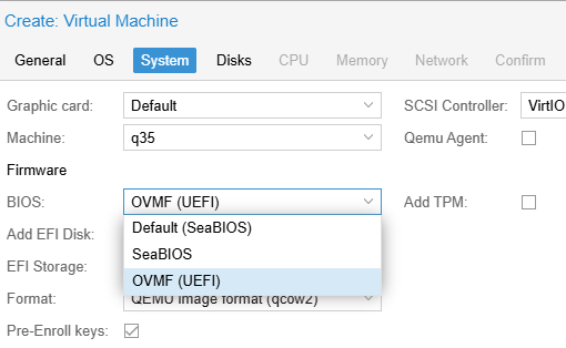 Выбрать тип firmware UEFI или BIOS в настройка ВМ proxmox