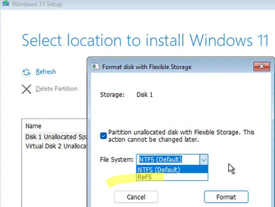 Экспериментальная функция форматирования тома в ReFS при установке Windows 11