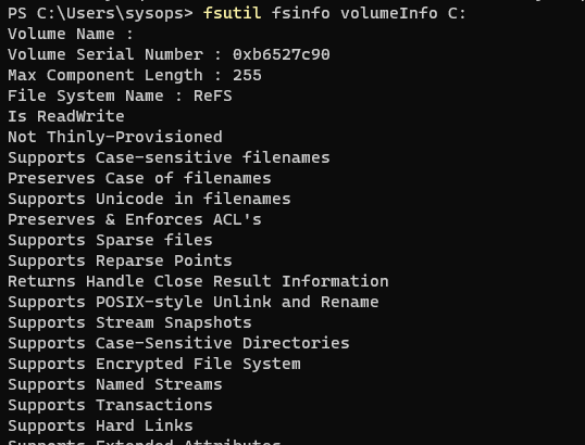 fsutil fsinfo volumeInfo - список поддерживаемых функций refs