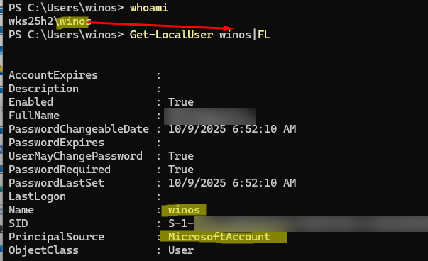 Узнать имя пользователя и тип аккаунт (локальный или microsoft)