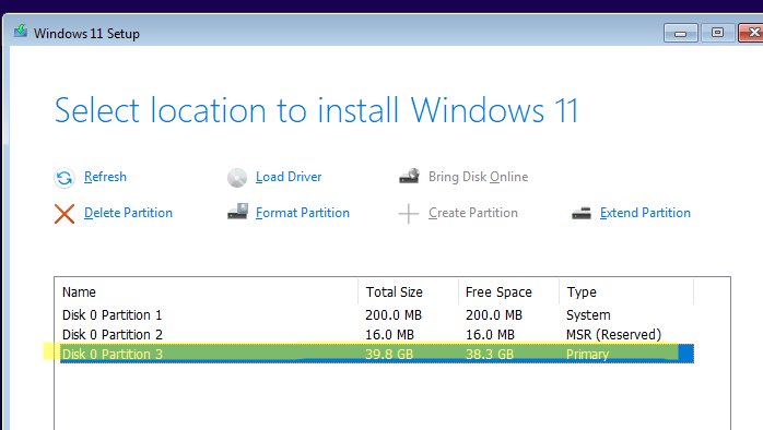 Выбор ReFs том для установки Windows 11
