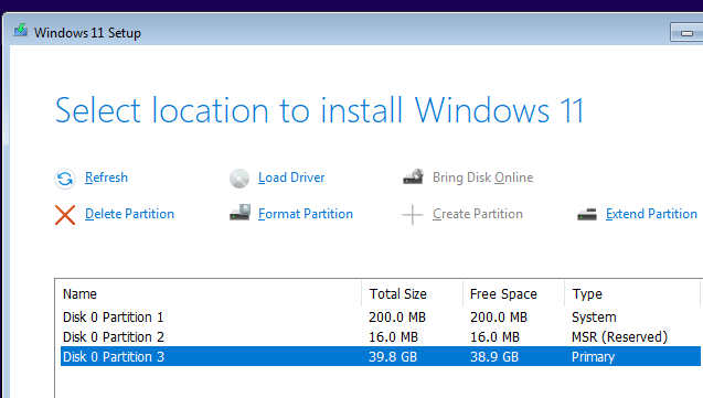 выбор тома для раздела для установки Windows