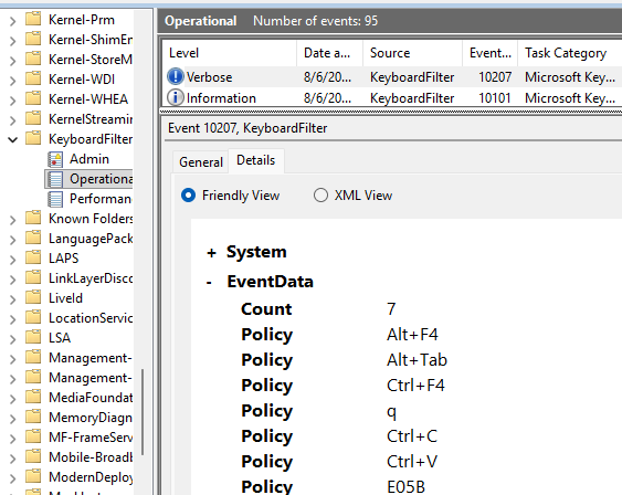 Журнал событий Event Viewer - список запрещенных клавиш The Keyboard Filter Service has found the following enabled policies.