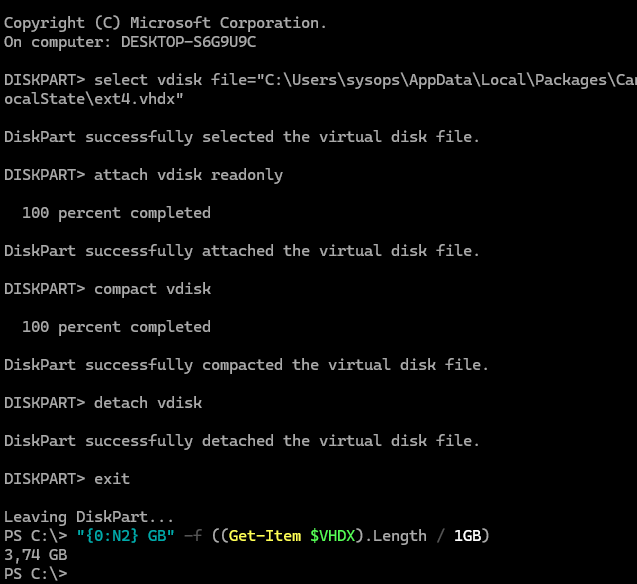 diskpart сжатие vhdx файла командой compacr vdisk