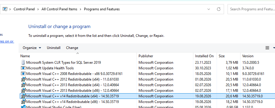 Переустановка Visual C++ Redistributable