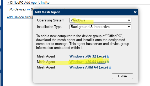 Установка агента meshcentral на Windows