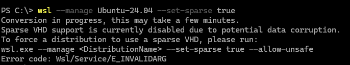 wsl --manage --set-sparse Sparse VHD support is currently disabled due to potential data corruption