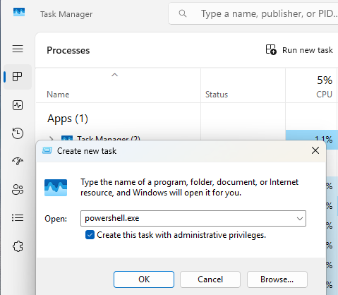 запуск консоли cmd или powershell с правами админа из Task Manager