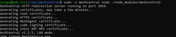 запуск сервера MeshCentral meshcentral node ./node_modules/meshcentral