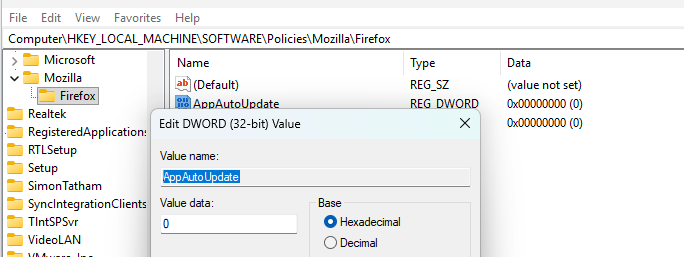 AppAutoUpdate параметр реестра управляет авто обновлением Firefox