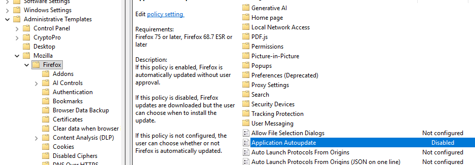 Параметр GPO для Firefox Application Autoupdate