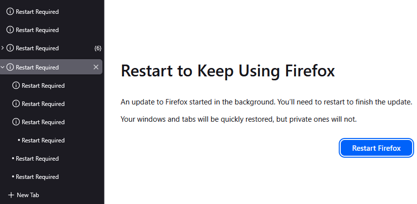 Сообщение в браузере Restart to Keep Using Firefox не дает работать